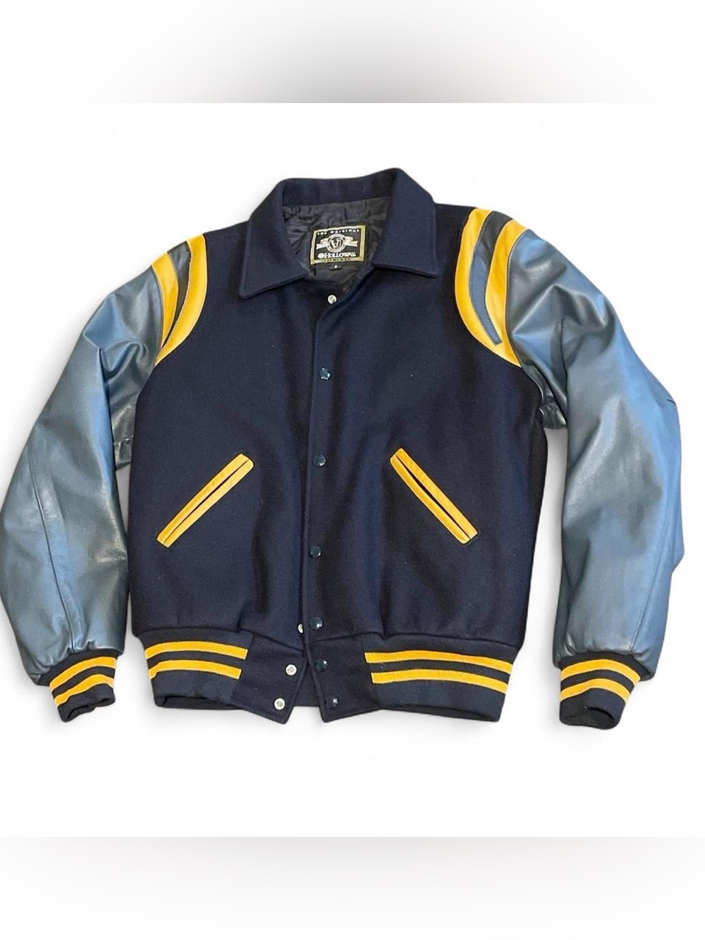 VTG RARE Holloway Navy, Yellow Wool Varsity Collegiate Jacket Leather Sleeves